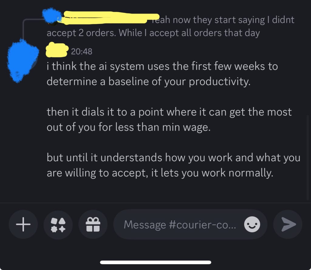 Delivery workers are on the frontline of new tech developments. From the start of app-based work to the introduction of ai prompts as managerial agents during work, delivery workers are the first to notice changes in technology.
This screesnhot captures how workers exchange experiences with reckless ai prompting at ubereats in 2025-2026. 